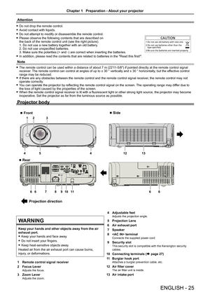 Page 25Attention
 fDo not drop the remote control.
 fAvoid contact with liquids.
 fDo not attempt to modify or disassemble the remote control.
 fPlease observe the following contents that are described on  the back of the remote control unit (see the right picture). 1. Do not use a new battery together with an old battery. 2. Do not use unspecified batteries. 3. Make sure the polarities (+ and -) are correct when inserting the batteries.
 fIn addition, please read the contents that are related to batteries in...