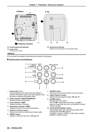 Page 26611 1415 16
 Projection direction
r Bottomr To p
14 Control panel and Indicators 
15 Lamp coverThe lamp unit is inside.
16 Vertical lens shift dialAdjusts the vertical position of the projected image.
Attention
 fDo not block the ventilation ports (intake and exhaust) of the projector
.
 rControl panel and Indicators
1 Power button 
Sets the projector to the state where the projector is 
switched off (standby mode). Also starts projection when 
the power is switched off (standby mode).
2 Power indicator...