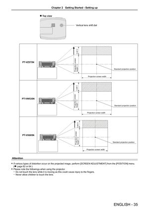 Page 35Vertical lens shift dial
r Top view
PT-VZ575N
Standard projection position
Projection screen widthProjection screen 
height 1 V 0.44 V
PT-VW535N
Standard projection position
Projection screen widthProjection screen 
height 1 V 0.48 V
PT-VX605N
Standard projection position
Projection screen widthProjection screen 
height 1 V 0.40 V
Attention
 fIf various types of distortion occur on the projected image, perform [SCREEN 
ADJUSTMENT] from the [POSITION] menu.  
(Æ page 62 or 64 )
 fPlease note the...