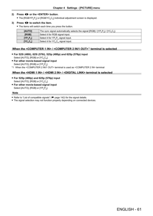 Page 612) Press qw or the  button.
 fThe [RGB/YPBPR] or [RGB/YCBCR] individual adjustment screen is displayed.
3) Press qw to switch the item.
 fThe items will switch each time you press the button.
[AUTO]The sync signal automatically selects the signal [RGB] / [YPBPR] / [YCBCR].
[RGB]Select it for RGB signal input.
[YPBPR]Select it for YPBPR signal input.
[YCBCR]Select it for YCBCR signal input.
When the  / *1 terminal is selected
 fFor 525i (480i), 625i (576i), 525p (480p) and 625p (576p) input
Select [AUTO],...