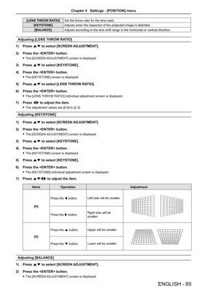 Page 65[LENS THROW RATIO]Set the throw ratio for the lens used.
[KEYSTONE]Adjusts when the trapezoid of the projected image is distorted.
[BALANCE]Adjusts according to the lens shift range in the horizontal or vertical direction.
Adjusting [LENS THROW RATIO]
1) Press as to select [SCREEN ADJUSTMENT].
2) Press the  button.
 fThe [SCREEN ADJUSTMENT] screen is displayed.
3) Press as to select [KEYSTONE].
4) Press the  button.
 fThe [KEYSTONE] screen is displayed.
5) Press as to select [LENS THROW RATIO].
6) Press...
