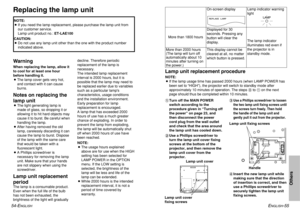 Page 2854-E
NGLISH
ENGLISH
-55
Others
Lamp unit replacement procedureNOTE:
BIf the lamp usage time has passed 2000 hours (when LAMP POWER has
been set to “HIGH”), the projector will switch to standby mode after
approximately 10 minutes of operation. The steps *to -on the next
page should thus be completed within 10 minutes.
#Turn off the MAIN POWER
switch according to the
procedure given in “Turning off
the power” on page 23, and
then disconnect the power
cord plug from the wall outlet
and check that the area...