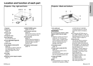 Page 7ENGLISH
-13
Preparation
12-E
NGLISH
#Air outlet port
Do not cover this port.WARNINGDo not bring your hands or other
objects close to the air outlet
port.
BHeated air comes out of the air
outlet port. Do not bring your
hands or face, or objects which
cannot withstand heat close to
this port, otherwise burns or
damage could result.
$Connector panel 
(page 16)
%Power input socket (AC IN)
(page 22)
The accessory power cord is
connected here.
Do not use any power cord other
than the accessory power cord....