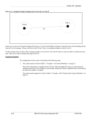 Page 350A-22 DBS 576 (USA) issued September 2001 576-50-700
Section 700 - Operation
Figure A-5.  Example Foreign Exchange Lines From City A to City B
In this case we have two Foreign Exchange (FX) lines to a City B Central Office Exchange. Using these lines are like dialing directly 
from the City B exchange.  We pay a flat fee for the FX line. There is no additional charge for calls to City B. 
For this example, there are three office exchange numbers in City B (555, 556, and 557) that we want to be able to...