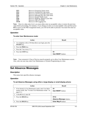 Page 87Section 700 - Operation Chapter 4. User Maintenance
576-50-700 DBS 576 (USA) issued September 2001 4-3
FF3Moves to Extension Name menu
FF4Moves to Verified ID Code menu
FF5Moves to Call Forward ID Code menu
FF6Moves to Message Key ID Code menu
FF7Moves to System Mode menu
FF8Moves to Walking /Station Lock TRS
FF9Moves to TRF of CWRD
FF10Moves to CID Logging Ext.
Note:Once in a data entry level, you must either enter an acceptable value or restore the previous 
value before proceeding. For instance, if...