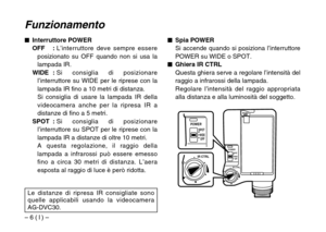 Page 26– 6 ( I ) –
Funzionamento
$Interruttore POWER
OFF :L’interruttore deve sempre essere
posizionato su OFF quando non si usa la
lampada IR.
WIDE :Si consiglia di posizionare
l’interruttore su WIDE per le riprese con la
lampada IR fino a 10 metri di distanza.
Si consiglia di usare la lampada IR della
videocamera anche per la ripresa IR a
distanze di fino a 5 metri.
SPOT :Si consiglia di posizionare
l’interruttore su SPOT per le riprese con la
lampada IR a distanze di oltre 10 metri.
A questa regolazione, il...