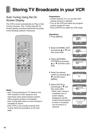 Page 1414
TV
VCRVOLUME
AV
INPUT SELECTVCR/TV
RESETOSD/DISPLAY
PICTURE MODEREC
TIMERÁ
NAVI
PROG/CHECKSPEED
ONr
sOFFr
sDATErr
sWW
X
sX
W
X
SEARCH
CANCEL
INDEX
OK
AUDIO
∫
13
4
215 69¥ :
Í Í
;/D
MENU
1234
Storing T V Broadcasts in your VCR
Auto Tuning Using the On
Screen Display
The VCR is tuned automatically by Plug in Auto
Tuning. However, Auto Tuning using the On
Screen Display should be performed according
to the following method if necessary.
Notes:
–Auto Tuning searches for TV stations from
VHF minimum to UHF...