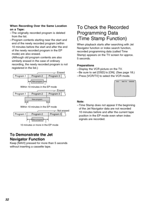 Page 3232
Program 2
To Check the Recorded
Programming Data
(Time Stamp Function)
When playback starts after searching with Jet
Navigator function or index search function,
recorded programming data (called Time
Stamp) appears on the TV screen for approx.
5 seconds.
Preparations
–Display the VCR picture on the TV.
–Be sure to set [OSD] to [ON]. (See page 18.)
–Press [VCR/TV] to select the VCR mode.
Program 1 Program 3Erased
New program
Within 10 minutes in the EP mode
Program 1 Program 2 Program 3Erased
New...