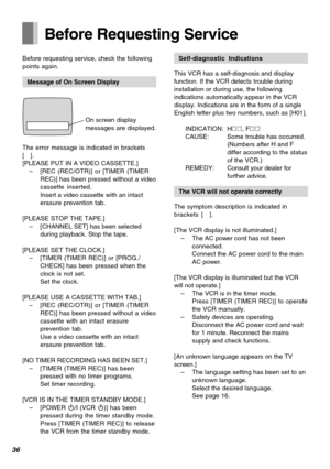 Page 3636
Before Requesting Service
Before requesting service, check the following
points again.
Message of On Screen Display
On screen display
messages are displayed.
The error message is indicated in brackets
[].
[PLEASE PUT IN A VIDEO CASSETTE.]
–[REC (REC/OTR)] or [TIMER (TIMER
REC)] has been pressed without a video
cassette inserted.
Insert a video cassette with an intact
erasure prevention tab.
[PLEASE STOP THE TAPE.]
–[CHANNEL SET] has been selected
during playback. Stop the tape.
[PLEASE SET THE...