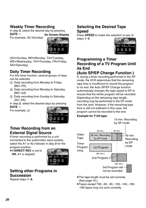 Page 2626
(SUuSunday, MOuMonday, TUuTuesday,
WEuWednesday, THuThursday, FRuFriday,
SAuSaturday)
Daily Timer Recording
For this timer function, several groups of days
can be selected.
ADaily recording from Monday to Friday
(MO–FR)
BDaily recording from Monday to Saturday
(MO–SA)
CDaily recording from Sunday to Saturday
(SU–SA)
In step 2, select the desired days by pressing
DATE s.
For example, C
Timer Recording from an
External Signal Source
If timer recording is performed by a unit
connected to the audio/video...