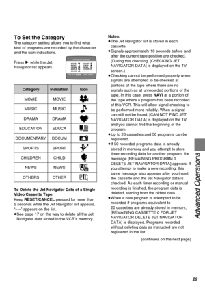 Page 2929
Advanced Operations
To Set the Category
The category setting allows you to find what
kind of programs are recorded by the character
and the icon indications.
Press 1 while the Jet
Navigator list appears.Notes:
≥The Jet Navigator list is stored in each
cassette.
≥Signals approximately 10 seconds before and
after the current tape position are checked.
(During this checking, [CHECKING JET
NAVIGATOR DATA] is displayed on the TV
screen.)
≥Checking cannot be performed properly when
signals are attempted to...