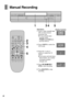 Page 2222
POWERJET REW
PICTURE MODESEARCHTIMER RECÍ/ IÁEJECT
REC/OTR6
/6REW5/5FF
STOP PLAY
153
4
Manual Recording
Operations
1Insert a video cassette tape
with an intact erasure
prevention tab.
≥If it has already been
inserted, press
POWER Í/I (VCRÍ) to
turn the VCR on.
2Press VCR/TV to select the
VCR mode.
3Press the I and J
buttons to select the TV
station.
≥If you press and hold down
these buttons, the number
of program position
changes fast.
4Press REC ¥ (¥ REC/
OTR) to start recording.
5Press ∫ (STOP) to...