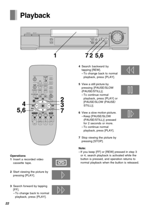 Page 2222
POWEREJECT
SEARCHPICTURE MODETIMER REC STOP PLAYREW FF
PAUSE/STILL  REC/OTR
1 7 5,62
TV
VCRVOLUME
AV
INPUT SELECTVCR/TV
RESETOSD/DISPLAY
PICTURE MODEREC
TIMERÁ
NAVI
PROG/CHECKSPEED
ONr
sOFFr
sDATErr
sWW
X
sX
W
X
SEARCH
CANCEL
INDEX
OK
AUDIO
∫
13
4
215 69¥ :
Í Í
;/D
MENU
1234
4
3
5,6
7 2
Operations
1Insert a recorded video
cassette tape.
2Start viewing the picture by
pressing [PLAY].
3Search forward by tapping
[FF].
–To change back to normal
playback, press [PLAY].
4Search backward by
tapping [REW]....