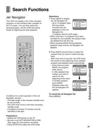 Page 3131
Advanced Operations
TV
VCRVOLUME
AV
INPUT SELECTVCR/TV
RESETOSD/DISPLAY
PICTURE MODEREC
TIMERÁ
NAVI
PROG/CHECKSPEED
ONr
sOFFr
sDATErr
sWW
X
sX
W
X
SEARCH
CANCEL
INDEX
OK
AUDIO
∫
13
4
215 69¥ :
Í Í
;/D
MENU
1234
Search Functions
Jet Navigator
This VCR can display a list of the recorded
programs on the inserted video cassette on
the TV screen. You can then select the
desired program, and the VCR will quickly
locate its beginning and start playback.
Conditions for correct operation of the Jet
Navigator...