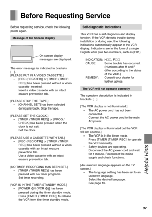 Page 3737
Helpful Hints
Before Requesting Service
Before requesting service, check the following
points again.
Message of On Screen Display
On screen display
messages are displayed.
The error message is indicated in brackets
[].
[PLEASE PUT IN A VIDEO CASSETTE.]
–[REC (REC/OTR)] or [TIMER (TIMER
REC)] has been pressed without a video
cassette inserted.
Insert a video cassette with an intact
erasure prevention tab.
[PLEASE STOP THE TAPE.]
–[CHANNEL SET] has been selected
during playback. Stop the tape.
[PLEASE...