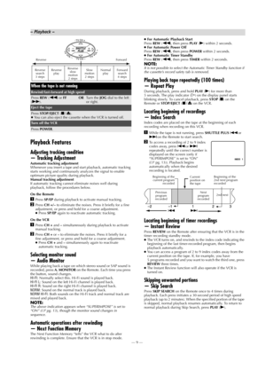 Page 9Page 9 May 28, 2002 11:25 am    —9—
Playback Features
Adjusting tracking condition
— Tracking Adjustment
Automatic tracking adjustment
Whenever you insert a tape and start playback, automatic tracking 
starts working and continuously analyzes the signal to enable 
optimum picture quality during playback.
Manual tracking adjustment
If automatic tracking cannot eliminate noises well during 
playback, follow the procedures below.
On the Remote
APress SP/EP during playback to activate manual tracking.
BPress...