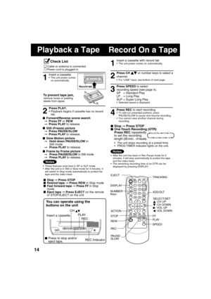 Page 141414
POWER
VIDEO IN
AUDIO IN
VOL CHSTOP/EJECTREW/
PLAY/REPEATFF/
RECINPUTACTIONR E C ON TIMERPROG TIMER
  Record On a Tape   Playback a Tape
1
Insert a cassette.  The unit power comes 
on automatically.
Press PLAY.  Playback begins if cassette has no record 
tab.2
To prevent tape jam,
Record tab
■  Stop 
➞ Press STOP
■  Rewind tape 
➞ Press REW in Stop mode
■  Fast forward tape 
➞
 Press FF in Stop 
mode
■  Eject tape 
➞ Press EJECT on the remote 
or STOP/EJECT on the unit 
Press CH     or number keys...