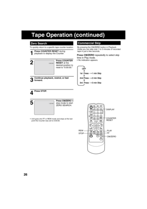 Page 262626
  Zero Search
To quickly return to a speci c tape counter location. 
1
2
Press STOP.
4
53
Continue playback, rewind, or fast 
forward.
Press COUNTER 
RESET at the 
desired position to 
reset to “0:00:00.”
  Unit goes into FF or REW mode and stops at the last 
point the Counter was set to 0:00:00.
Press COUNTER RESET during 
playback to display the Counter.
Press CM/ZERO in 
stop mode to start 
ZERO SEARCH.1 : 23 : 45
0 : 00 : 00
Press CM/ZERO repeatedly to select skip 
time in Play mode.
  No...