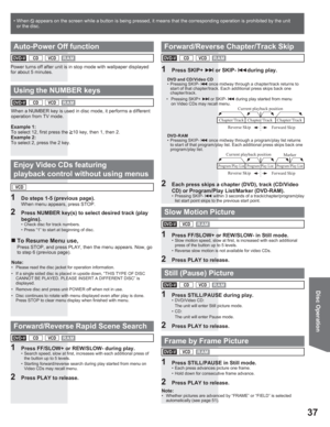 Page 3737
Disc Operation
1  Press FF/SLOW+ or REW/SLOW- during play.•  Search speed, slow at first, increases with each additional press of 
the button up to 5 levels.
•  Starting forward/reverse search during play started from menu on 
Video CDs may recall menu.
2  Press PLAY to release.
1 Press SKIP+ yyÿ or SKIP- ÿÿ{{ during play.
1  Press STILL/PAUSE during play.• DVD/Video CD:
  The unit will enter Still picture mode.
• CD:
  The unit will enter Pause mode.
2  Press PLAY to release.
1  Press...