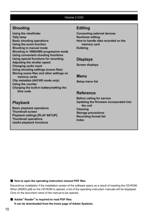 Page 1010
 
Volume	2	(CD)
Shooting
Using the viewfinder
Tally lamp
Basic shooting operations
Using the zoom function
Shooting in manual mode
Shooting in 1080i/480i progressive mode
Using convenient shooting functions
Using special functions for recording
Adjusting the shutter speed
Changing audio input
Using shooting settings (scene files)
Storing scene files and other settings on memory cards
Clip metadata (AVCHD mode only)
Using the counter
Charging the built-in battery/setting the  time code
Playback
Basic...