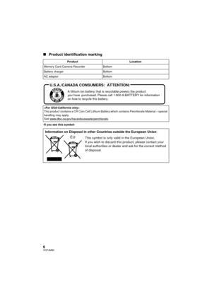 Page 66VQT4M90
∫Product identification marking
-If you see this symbol- Product
Location
Memory Card Camera-Recorder Bottom
Battery charger Bottom
AC adaptor Bottom

This product contains a CR Coin Cell Lithium Battery which contains Perchlorate Material – special 
handling may apply.
See www.dtsc.ca.gov/hazardouswaste/perchlorate
.
Information on Disposal in other Countries outside the European Union This symbol is only valid in the European Union.
If you wish to discard this product, please contact your...