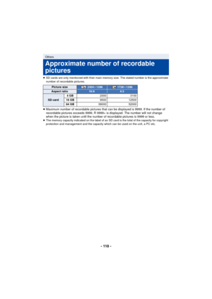 Page 118- 118 -
≥SD cards are only mentioned with their main memory size. The stated number is the approximate 
number of recordable pictures.
≥Maximum number of recordable pictures that can be displayed is 9999. If the number of 
recordable pictures exceeds 9999, R 9999+ is displayed. The number will not change 
when the picture is taken until the number of recordable pictures is 9999 or less.
≥ The memory capacity indicated on the label of an SD card is the total of the capacity for copyright 
protection and...