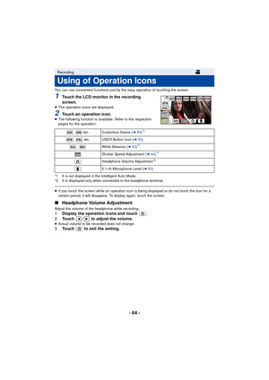 Page 64- 64 -
You can use convenient functions just by the easy operation of touching the screen.
1Touch the LCD monitor in the recording 
screen.
≥The operation icons are displayed.
2Touch an operation icon.≥The following function is available. Refer to the respective 
pages for the operation.
*1 It is not displayed in the Intelligent Auto Mode.
*2 It is displayed only when connected to the headphone terminal.
≥ If you touch the screen while an operation icon is being displayed or do not touch the icon for a...