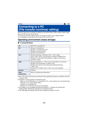 Page 79- 79 -
When this device and a computer for editing are connected using a USB connection cable, image 
data in the SD card can be transferred.
≥Concerning non-linear editing, refer to the instruction manual of your editing software.
≥ It is impossible to write data to the SD card on this unit from a PC
Operating environment (mass storage)
∫ If using Windows
≥Even if the system requirements mentioned in these operating instructions are fulfilled, some PCs 
cannot be used.
≥ Operation is not guaranteed in...