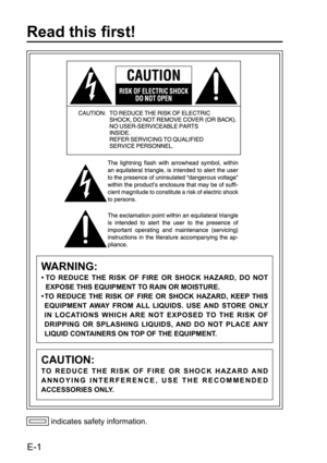 Page 2WARNING:
•  TO REDUCE THE RISK OF FIRE OR SHOCK HAZARD, DO NOT 
EXPOSE THIS EQUIPMENT TO RAIN OR MOISTURE. 
•  TO REDUCE THE RISK OF FIRE OR SHOCK HAZARD, KEEP THIS 
EQUIPMENT AWAY FROM ALL LIQUIDS. USE AND STORE ONLY 
IN LOCATIONS WHICH ARE NOT EXPOSED TO THE RISK OF 
DRIPPING OR SPLASHING LIQUIDS, AND DO NOT PLACE ANY 
LIQUID CONTAINERS ON TOP OF THE EQUIPMENT.
CAUTION:
TO REDUCE THE RISK OF FIRE OR SHOCK HAZARD AND 
ANNOYING INTERFERENCE, USE THE RECOMMENDED 
ACCESSORIES ONLY.
 indicates safety...