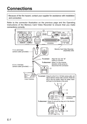 Page 8IN CAR MIC
CAMERA 1
CONTROL PANEL
GPIO/SERIALUSB
GPS-ANT.
(OPTION)
CAMERA 2AUDIO IN
VIDEO OUTAUDIO OUT
7.5 m (24.6 feet) 
camera cable (provided)
0.5 m (1.64 feet) 
camera cable (provided)Memory Card Video Recorder 
(separately sold)
Color Camera
Camera cable 
connector
To connect : Grasp     on the 0.5 m (1.64 feet) camera cable, and 
align     with the camera cable connector. Rotate the 
plug to find the position where the guides match, 
and insert it in the direction of the arrow.
To disconnect :...