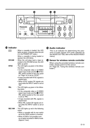 Page 13E-13
$Indicator
:When a cassette is loaded, the LED
lights up green. (Likewise when the unit
is in the POWER OFF state.)
When a cassette is being loaded or
ejected, the LED blinks.
DVCAM:When the unit plays back a tape re-
corded in the DVCAM format, the LED
lights up green.
NTSC:The LED lights up green in the follow-
ing cases:
• In the composite video or S-VIDEO
signal input mode and the 
2 NTSC/
PAL switch located at the rear panel
(
☞ Page 14) is set as “NTSC”.
• A tape recorded with NTSC signals is...