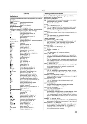 Page 33Others
33
Others
Indications
Various functions and the camera-recorder status are shown on 
the screen.
Basic indications
: Remaining battery power
0h00m00s00f: Time code
3:30:45PM: Date/Time indication
Recording indications
R0:45: Remaining tape time
≥Remaining tape time is indicated in minutes. (When it reaches 
less than 3 minutes, the indication starts flashing.) 
SP: Standard Play mode
(Recording speed mode) 
-19-LP: Long Play mode
(Recording speed mode) -19-¥: Recording -19-; (Green): Recording...