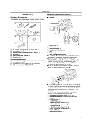 Page 7Before using
7
Before using
Standard Accessories
The followings are the accessories supplied with this product.
1) AC adapter, DC input lead, AC mains lead 
-10-2) Battery pack -10-, -11-3) Remote control, coin-type battery (CR2025) -16-4) Lens cap -9-5) Digital video head cleaner -36-6) Shoulder strap -9-
Optional Accessories
1) AC adapter (AG-B15P) 
2) Battery pack (lithium / CGR-D16A/1B / 1600mAh) 
3) Wide conversion lens (AG-LW4307P) 
Parts identification and handling
ªCamera
(1)Focus ring -25-...