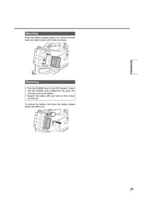 Page 2121
PREPARATION
Press the battery straight against the camera-recorder
body and slide it down until it clicks into place.
To remove the battery, hold down the battery release
button and slide it up.
Mounting
Removing
•Turn the POWER lever to the OFF position, check
that the POWER lamp (CAM/VCR) has gone off,
and then remove the battery.
•Support the battery with your hand so that it does
not drop off. 