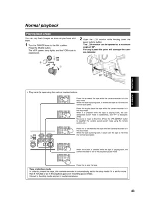 Page 43PLAYBACK
SHOOTING
43
Normal playback
You can play back images as soon as you have shot
them.
1Turn the POWER lever to the ON position.
Press the MODE button.
The VCR (green) lamp lights, and the VCR mode is
established.
2Open the LCD monitor while holding down the
panel locking button. 
The LCD monitor can be opened to a maximum
angle of 90°. 
Forcing it past this point will damage the cam-
era-recorder.
Playing back a tape
POWER
lcclklcclk
CAM
VCR
VM
INDEXSELECTSTOP INDEXSTILL ADVPAUSESTILL ADVPLAY...