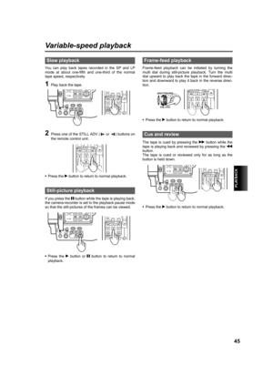 Page 45PLAYBACK
45
Variable-speed playback
You can play back tapes recorded in the SP and LP
mode at about one-fifth and one-third of the normal
tape speed, respectively.
1Play back the tape.
2Press one of the STILL ADV (  or  ) buttons on
the remote control unit.
•Press the q button to return to normal playback.
If you press the h button while the tape is playing back,
the camera-recorder is set to the playback pause mode
so that the still pictures of the frames can be viewed.
•Press the q button or h button...