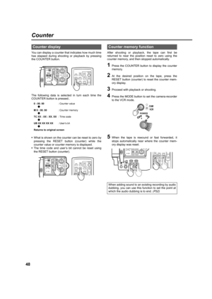 Page 4848
Counter
You can display a counter that indicates how much time
has elapsed during shooting or playback by pressing
the COUNTER button.
The following data is selected in turn each time the
COUNTER button is pressed..
•What is shown on the counter can be reset to zero by
pressing the RESET button (counter) while the
counter value or counter memory is displayed.
•The time code and user’s bit cannot be reset using
the RESET button (counter).After shooting or playback, the tape can first be
returned to...