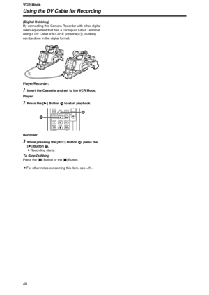 Page 40V V V V
C C C C
R R R R
   
M M M M
o o o o
d d d d
e e e e
40
V
V V V
C C C C
R R R R
   
M M M M
o o o o
d d d d
e e e e
Using the DV Cable for Recording
(Digital Dubbing)
By connecting this Camera Recorder with other digital
video equipment that has a DV Input/Output Terminal
using a DV Cable VW-CD1E (optional) 1, dubbing
can be done in the digital format.
1
To Stop Dubbing
Press the [;] Button or the [$] Button.
OFor other notes concerning this item, see -45-.
1Insert the Cassette and set to the VCR...