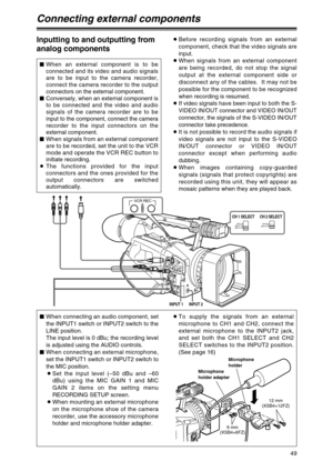 Page 4949
Connecting external components
$When connecting an audio component, set
the INPUT1 switch or INPUT2 switch to the
LINE position.
The input level is 0 dBu; the recording level
is adjusted using the AUDIO controls.
$When connecting an external microphone,
set the INPUT1 switch or INPUT2 switch to
the MIC position.
OSet the input level (–50 dBu and –60
dBu) using the MIC GAIN 1 and MIC
GAIN 2 items on the setting menu
RECORDING SETUP screen.
OWhen mounting an external microphone
on the microphone shoe of...