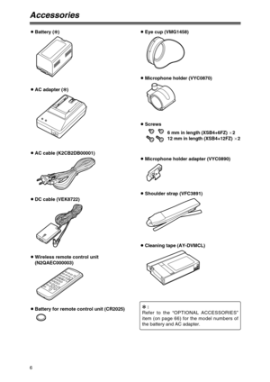 Page 66
Accessories
OBattery (2)
OAC adapter (2)
OAC cable (K2CB2DB00001)
ODC cable (VEK8722)
OWireless remote control unit
(N2QAEC000003)
OBattery for remote control unit (CR2025)OEye cup (VMG1458)
OMicrophone holder (VYC0870)
OScrews
6 mm in length (XSB4+6FZ) a2
12 mm in length (XSB4+12FZ) a2
OMicrophone holder adapter (VYC0890)
OShoulder strap (VFC3891)
OCleaning tape (AY-DVMCL)
2:
Refer to the “OPTIONAL ACCESSORIES”
item (on page 66) for the model numbers of
the battery and AC adapter. 