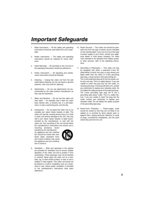 Page 33
Important Safeguards
1. Read Instructions — All the safety and operating 
instructions should be read before the unit is oper-
ated.
2. Retain Instructions — The safety and operating 
instructions should be retained for future refer-
ence.
3. Heed Warnings — All warnings on the unit and in 
the operating instructions should be adhered to.
4. Follow Instructions — All operating and mainte-
nance instructions should be followed.
5. Cleaning — Unplug this video unit from the wall 
outlet before cleaning....