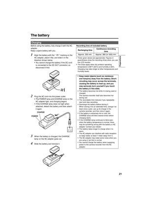 Page 2121
The battery 
Before using the battery, fully charge it with the AC 
adapter.
Keep a spare battery with you.
1Align the battery with the “   ” marking on the 
AC adapter, place it flat, and slide it in the 
direction shown below.
• You cannot charge the battery if the DC cord 
is connected to the DC OUT connector, so 
disconnect it first.
2Plug the AC cord into the power outlet.
• The POWER lamp and CHARGE lamp on the 
AC adapter light, and charging begins.
• If the CHARGE lamp does not light when...