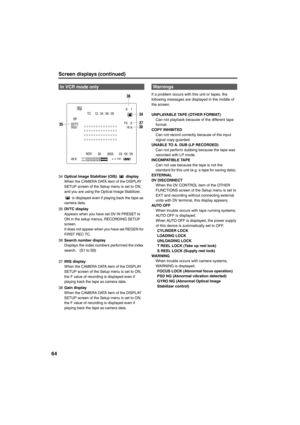 Page 6464
Screen displays (continued)
34Optical Image Stabilizer (OIS)  display
When the CAMERA DATA item of the DISPLAY 
SETUP screen of the Setup menu is set to ON, 
and you are using the Optical Image Stabilizer, 
 is displayed even if playing back the tape as 
camera data. 
35DVTC display
Appears when you have set DV IN PRESET to 
ON in the setup menus, RECORDING SETUP 
screen. 
 
It does not appear when you have set REGEN for 
FIRST REC TC.
36Search number displayDisplays the index numbers performed the...