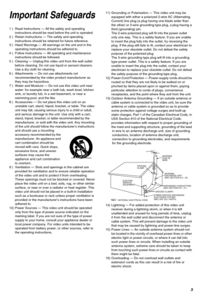 Page 33
Important Safeguards
1 ) Read Instructions — All the safety and operating 
instructions should be read before the unit is operated.
2 ) Retain Instructions — The safety and operating 
instructions should be retained for future reference.
3 ) Heed Warnings — All warnings on the unit and in the 
operating instructions should be adhered to.
4 ) Follow Instructions — All operating and maintenance 
instructions should be followed.
5 ) Cleaning — Unplug this video unit from the wall outlet 
before cleaning....