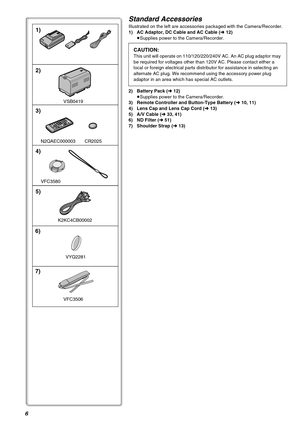 Page 66
1)
2)
3)
4)
5)
7) 6)
VSB0419
N2QAEC000003
VFC3580
K2KC4CB00002
VYQ2281
VFC3506CR2025
Standard Accessories
Illustrated on the left are accessories packaged with the Camera/Recorder.
1) AC Adaptor, DC Cable and AC Cable (l 12)
≥Supplies power to the Camera/Recorder.
CAUTION:
This unit will operate on 110/120/220/240V AC. An AC plug adaptor may 
be required for voltages other than 120V AC. Please contact either a 
local or foreign electrical parts distributor for assistance in selecting an 
alternate AC...