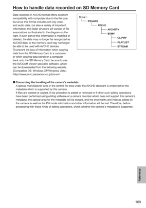 Page 109
109
Reference
How to handle data recorded on SD Memory Card
Data recorded in AVCHD format offers excellent 
compatibility with computers due to the file type, 
but since this format includes not only video 
and audio data, but also a variety of important 
information, the folder structure will consist of file 
associations as illustrated in the diagram on the 
right. If even part of this information is modified or 
deleted, the data may no longer be recognized as 
AVCHD data, or the memory card may not...