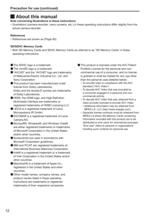 Page 12
12
The SDHC logo is a trademark.
The miniSD logo is a trademark.
“AVCHD” and the “AVCHD” logo are trademarks 
of Matsushita Electric Industrial Co., Ltd. and 
Sony Corporation.
This product has been manufactured under 
license from Dolby Laboratories. 
Dolby and the double-D symbol are trademarks 
of Dolby Laboratories.
HDMI, the HDMI logo, and High-Definition 
Multimedia Interface are trademarks or 
registered trademarks of HDMI Licensing LLC.
LEICA is a registered trademark of Leica 
Microsystems IR...