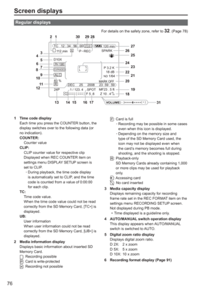 Page 76
76
Screen displays
Regular displays
For details on the safety zone, refer to 32. (Page 78)
SPARK
 –
ALC
83 % DEC     25     2008     23 : 59 : 59
24P F 5 .6 Z 10 . 4 
m
m1 / 123. 4 SPOT
MF23 . 5 ft
TC   12 : 34 : 56 . 00 
P 3.2 K18 dB
ND 1/64
D10X
A
CH1
CH2
112 min P REC
STD BY
MARK OFF
120 min
PH 1080
R
EXPANDED
VOLUME[ + ]
[    ] _
5
8
10
12
14
13
64
7
9
11
15 16 17 18
29
27
24
22
20
28
30
1
2
25
26
23
21
19
31
3
1  Time code display Each time you press the COUNTER button, the 
display switches over...