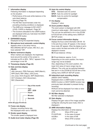 Page 77
77
Displays
 
(Continued on the next page)
7 Information display
Following information is displayed depending 
on the situation.Performance of the auto white balance or the 
auto black balance
Warning (Page 79)
The ND filter recommended under the 
prevailing shooting conditions is displayed.
The AWB error message (LOW LIGHT / 
LEVEL OVER) is displayed.  	Page 39 £
The functions allocated to the USER buttons 
are displayed while you hold down the DISP/ 
MODE CHK button.
8 EXPANDED display Displayed...