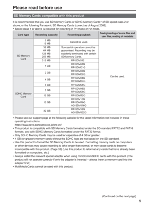 Page 9
9
Please read before use
SD Memory Cards compatible with this product
It is recommended that you use SD Memory Cards or SDHC Memory Cards∗
 of SD speed class 2 or 
above, or the following Panasonic SD Memory Cards (correct as of August 2008).
∗  Speed class 4 or above is required for recording in PH mode or HA mode.
Card type Recording capacity Recording/playbackSaving/reading of scene files and 
user files, reading of metadata
SD Memory  Card 8 MB
16 MB Cannot be used.
Can be used.
32 MB
64 MB
128 MB...